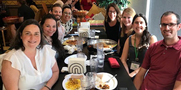 Professor Kimberly Geeslin with former and current linguistics graduate students at the Second Language Research Forum held at Michigan State University in September 2019. From left: Erin Lavin, Danielle Daidone, Matt Kanwitt, Avizia Long, Professor Geeslin, Sara Zahler, Silvina Bongiovanni, and Bret Linford.