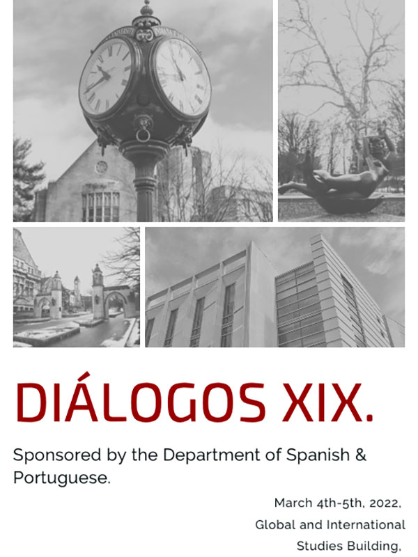 The cover of the Dialogos conference's pamphlet, which depicts black-and-white photos from campus.