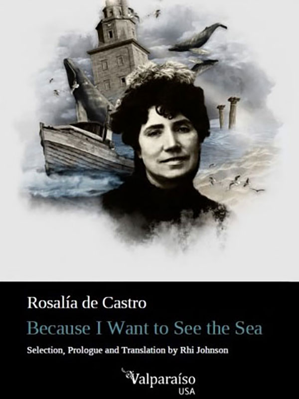 The cover of Because I Want to See the Sea, which depicts a black-and-white photograph of a woman with a painting of the ocean behind her.